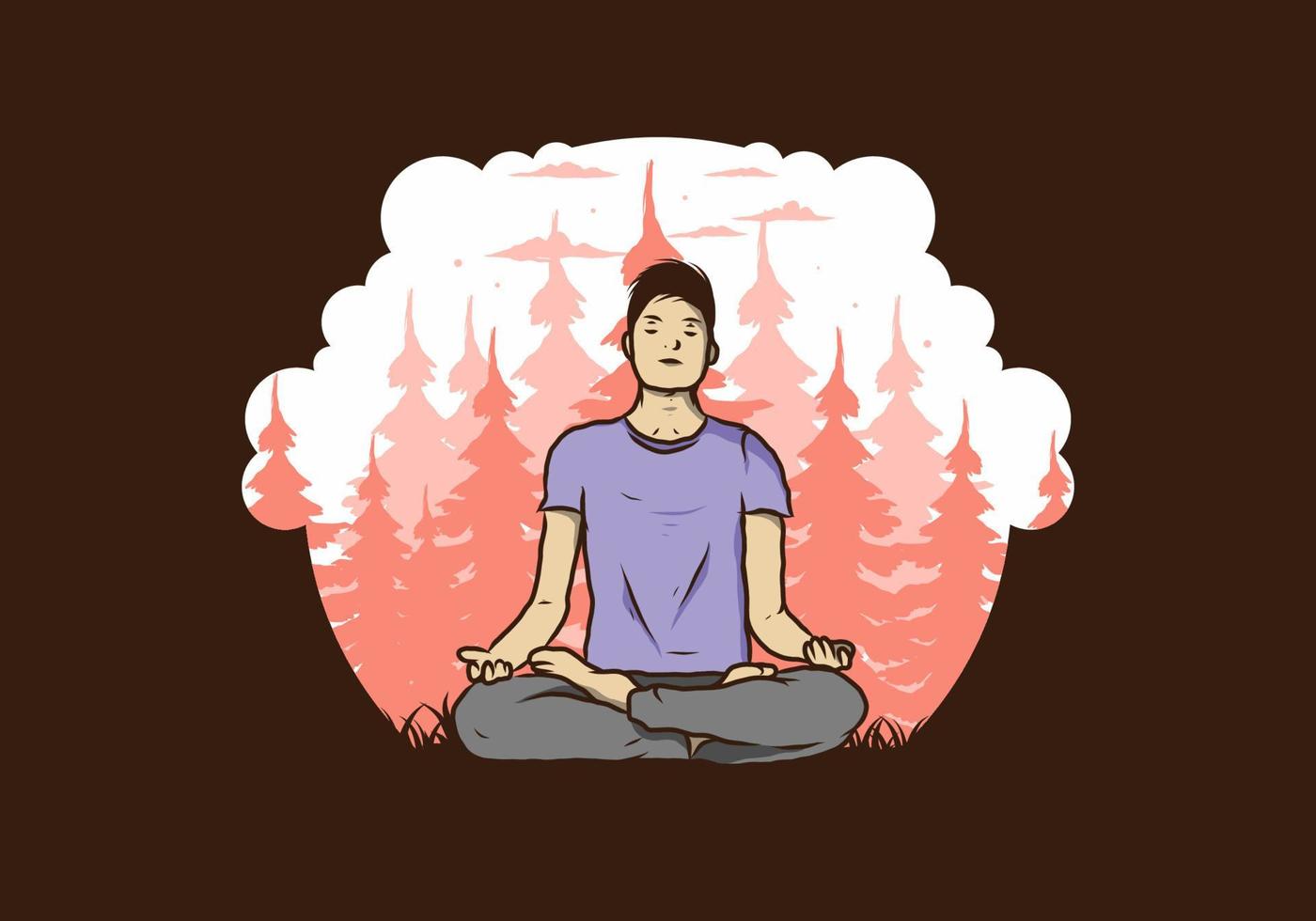 ilustración de alguien haciendo yoga y meditando al aire libre en un bosque en la naturaleza entre pinos vector