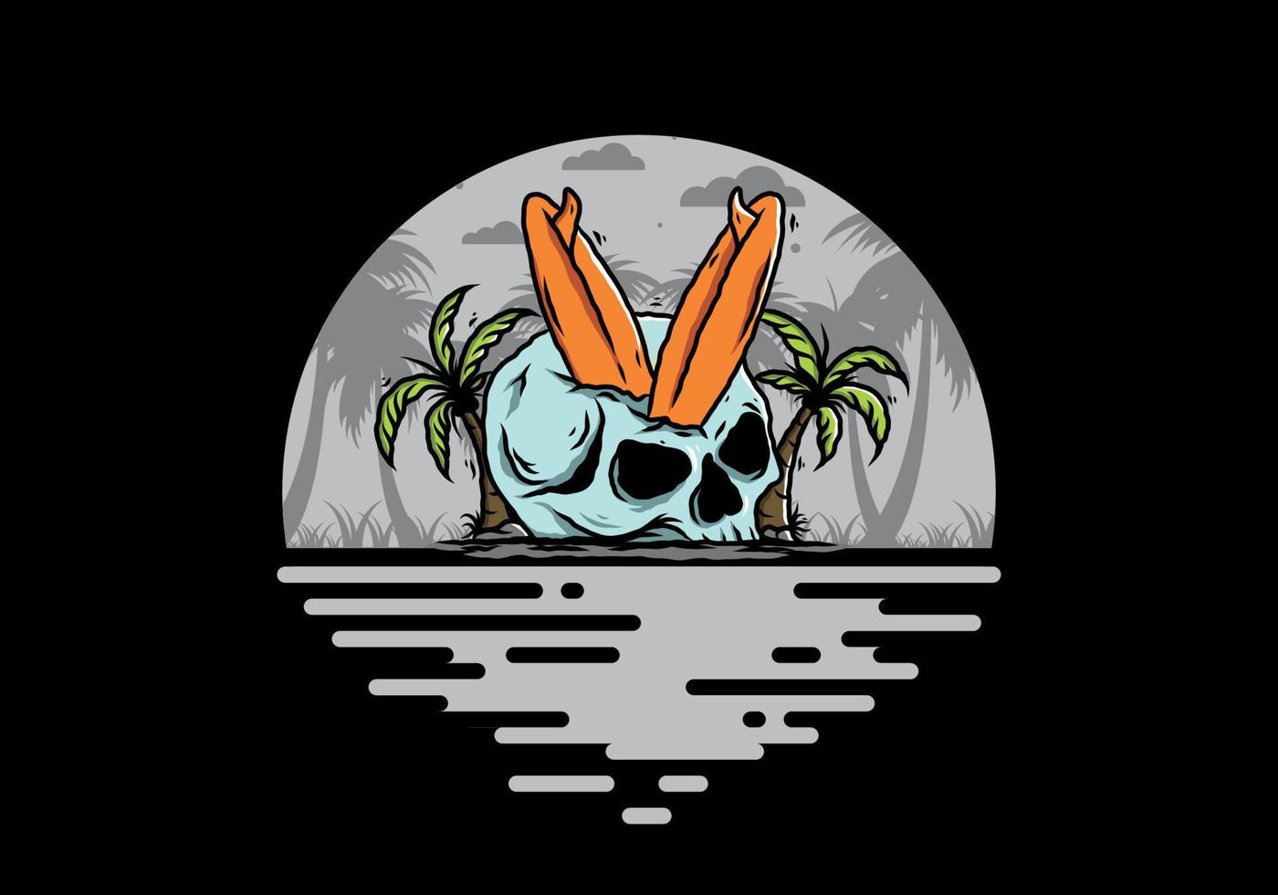 Surfing board stuck in human skull illustration vector