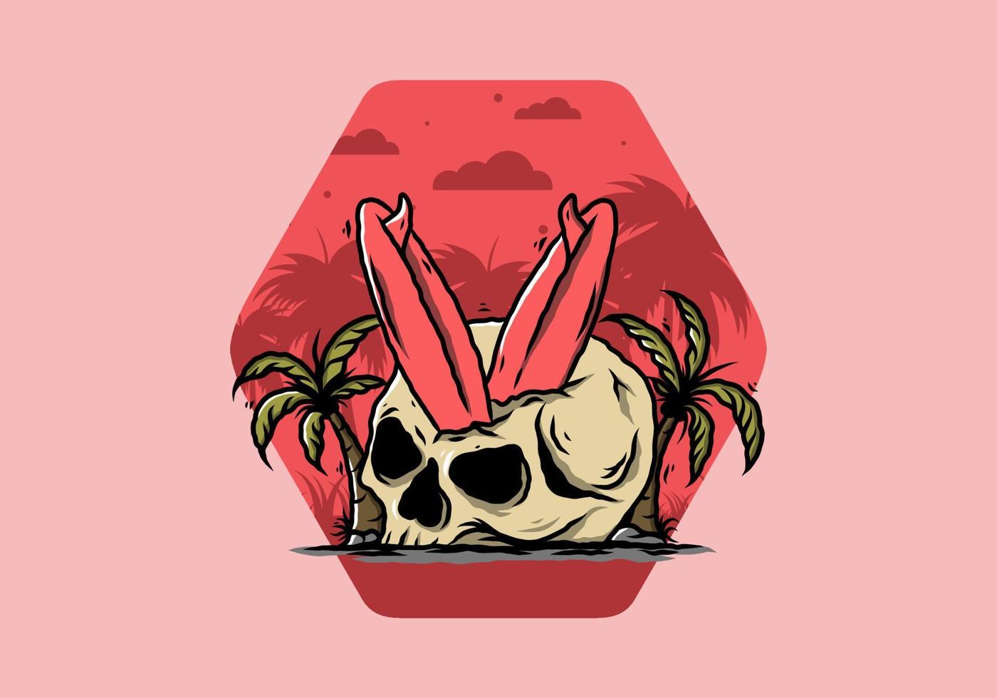 Surfing board stuck in human skull illustration vector