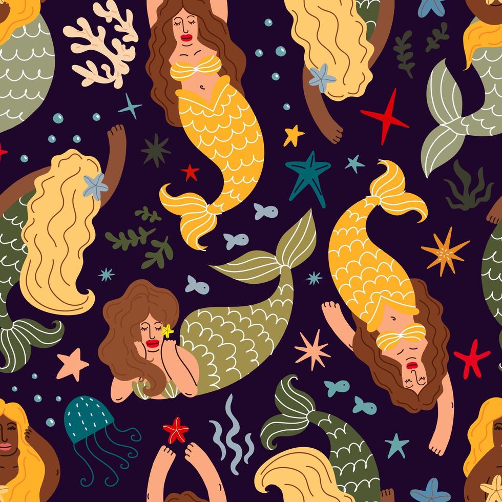 Seamless pattern with mermaids and marine life vector