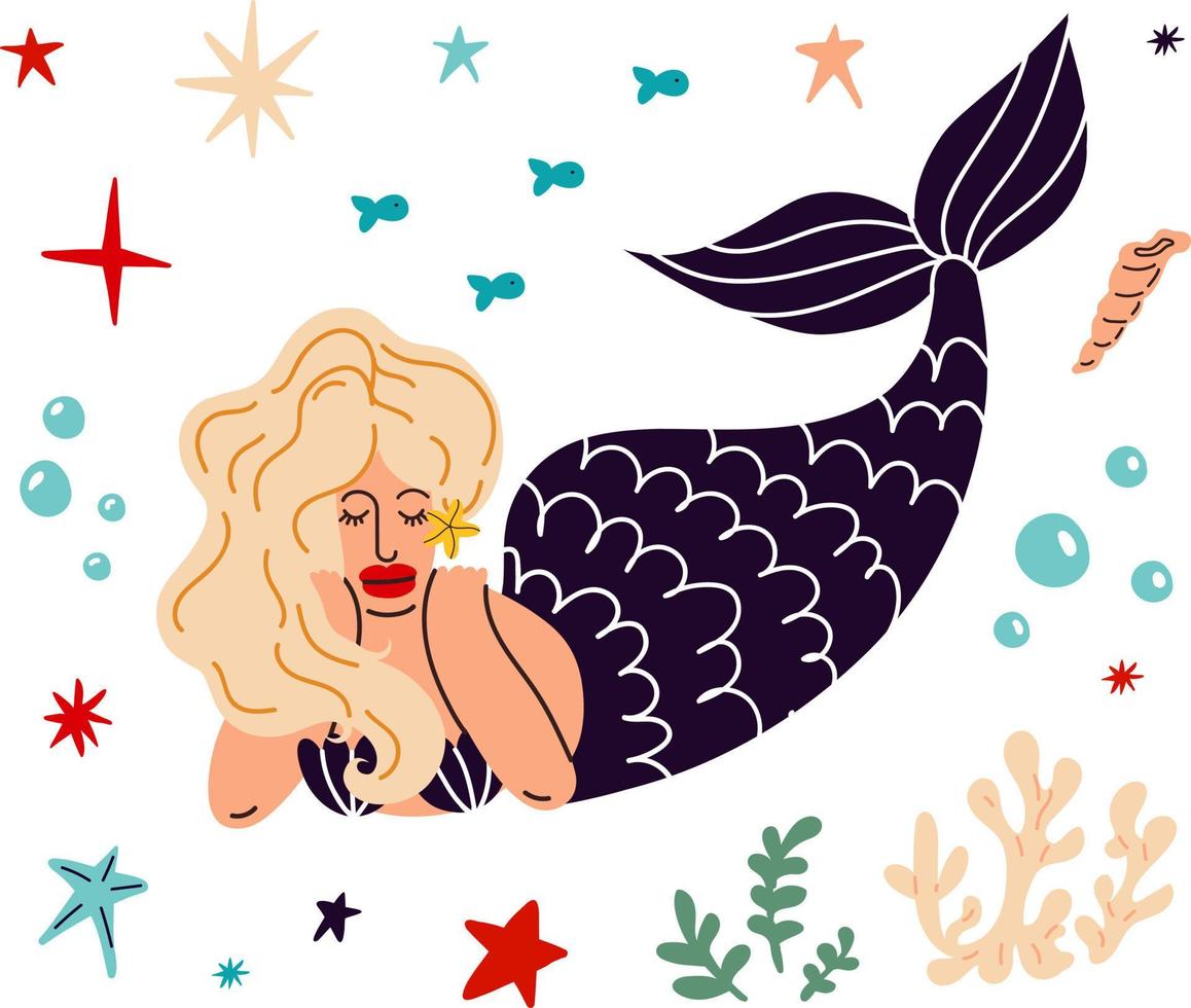 sirena con cabello rubio y animales marinos.ilustración de dibujos animados vectoriales vector