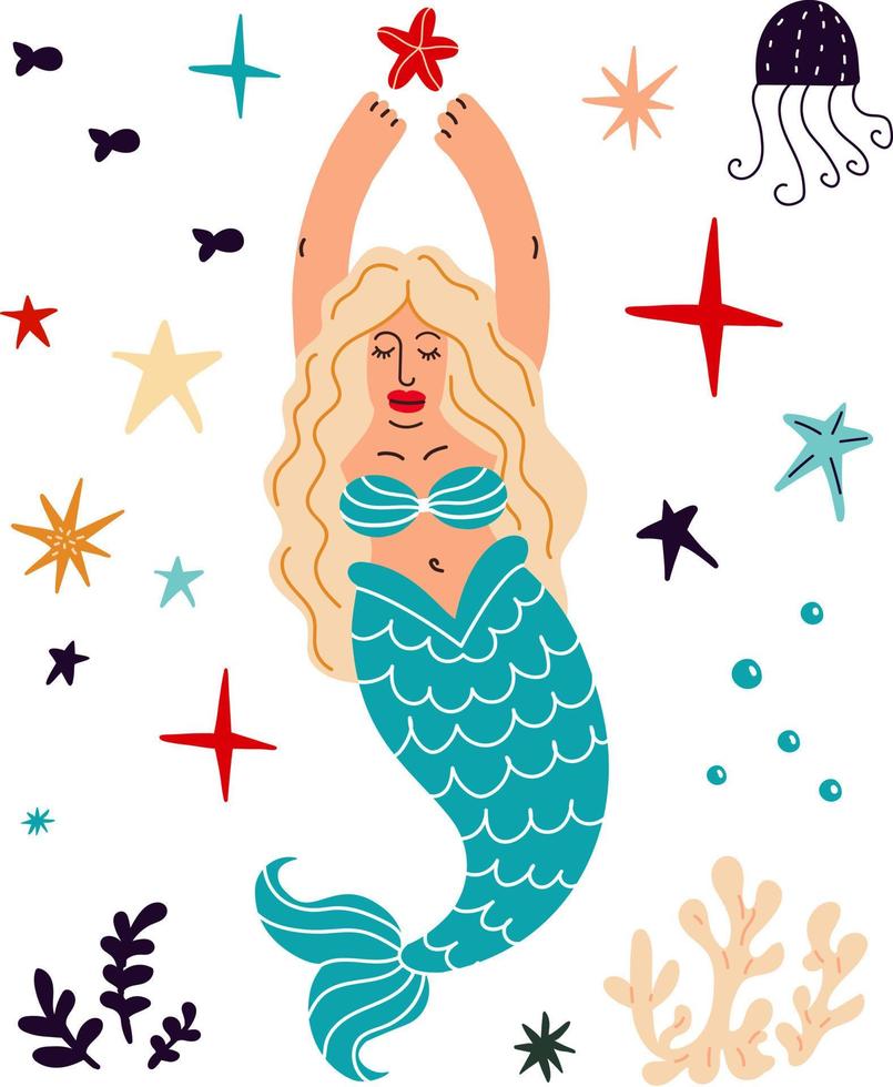 linda sirena con cabello rubio y animales marinos.ilustración de dibujos animados vectoriales vector