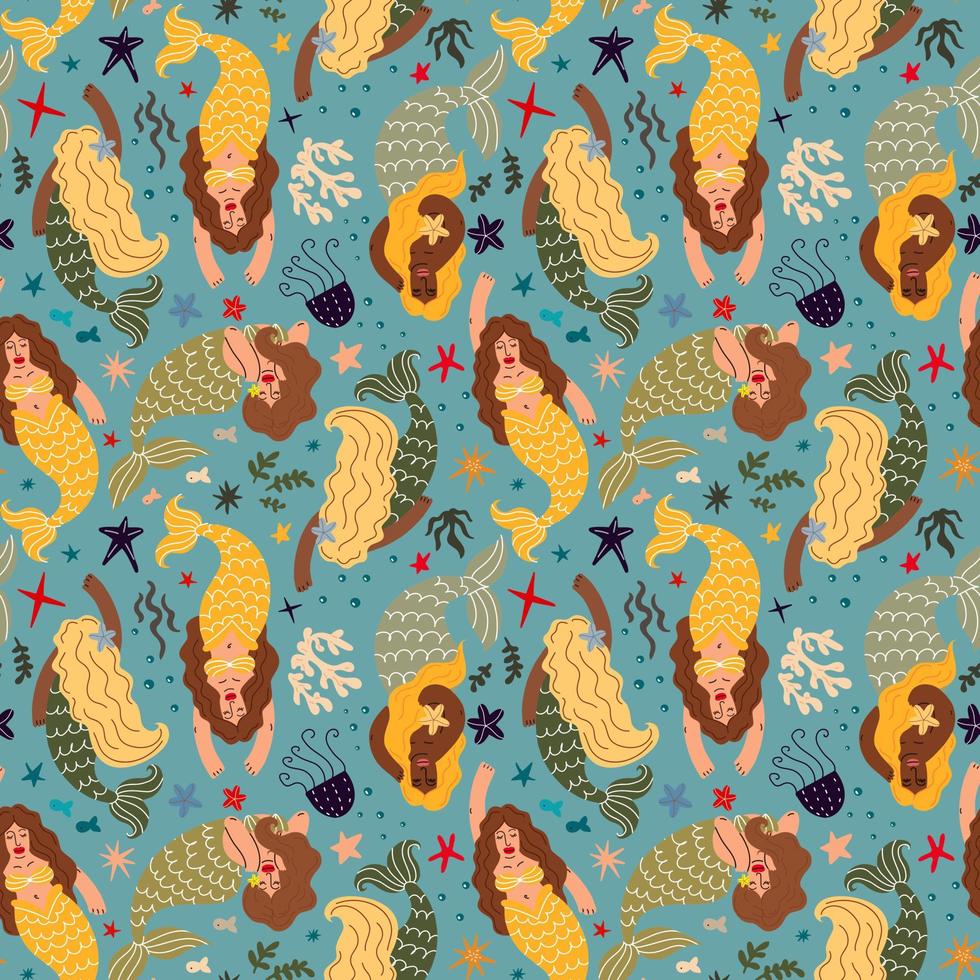 Seamless pattern with mermaids and marine life vector