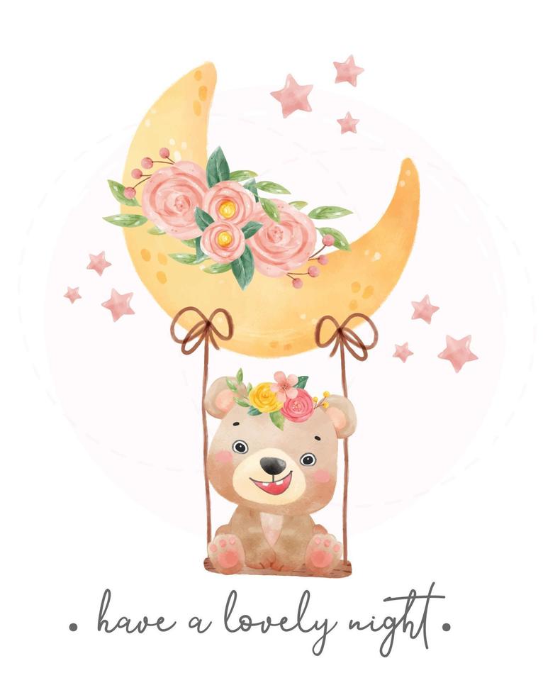 lindo adorable feliz sonrisa bebé oso de peluche sentado en el dulce columpio floral media luna, dulce noche, vivero animal dibujos animados dibujados a mano vector acuarela