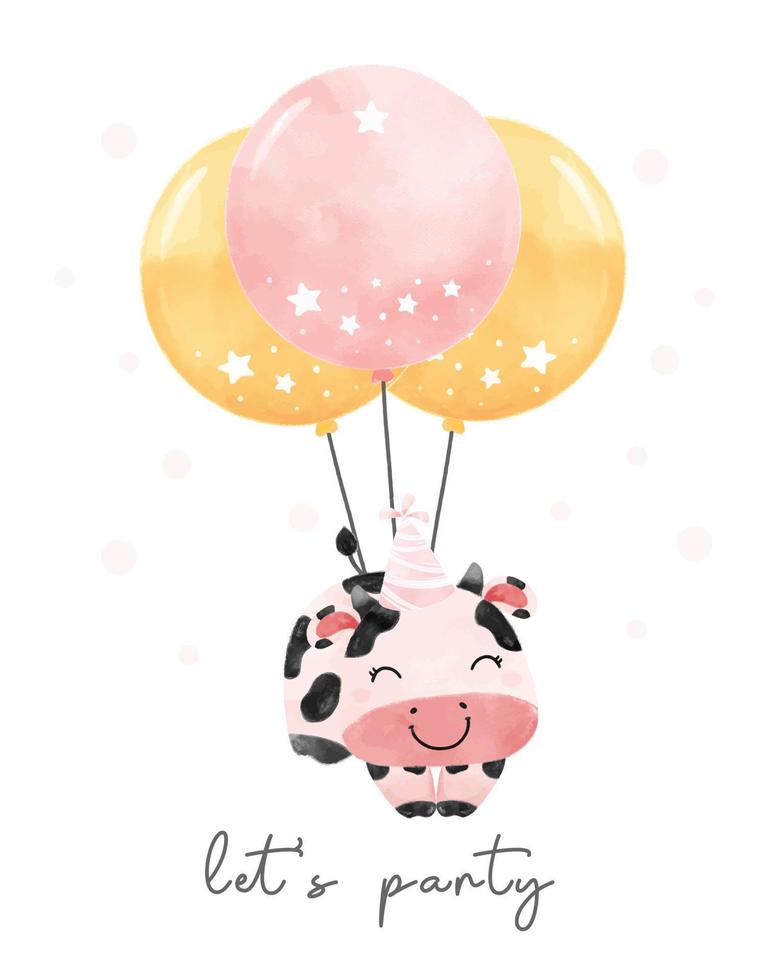 lindo bebé vaca niña en fiesta globos de cumpleaños dibujado a mano dibujos animados acuarela granja animal carácter ilustración vector