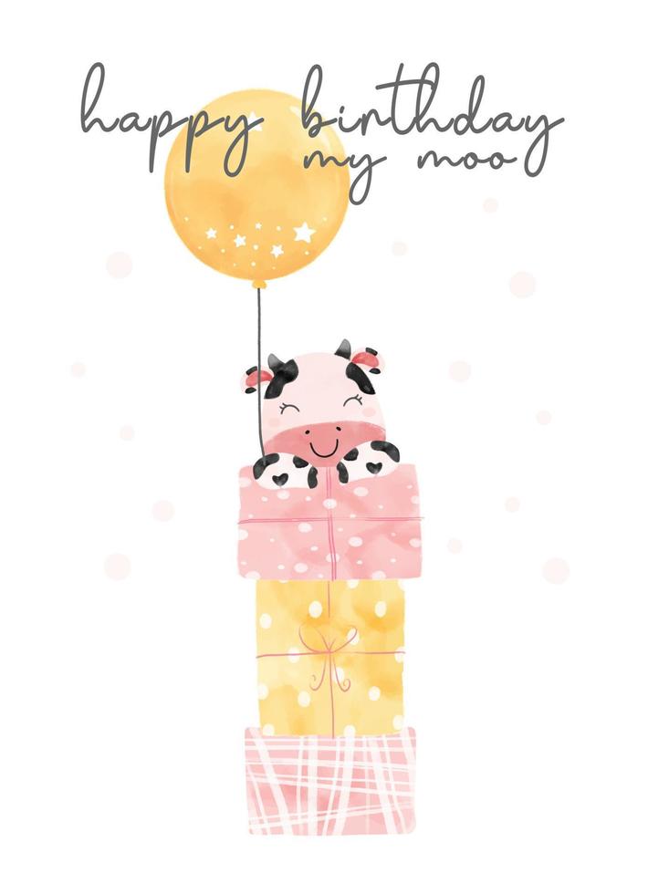 cute baby pink cow girl hanging on birthday present box hand drawn cartoon watercolour farm animal character illustration vector