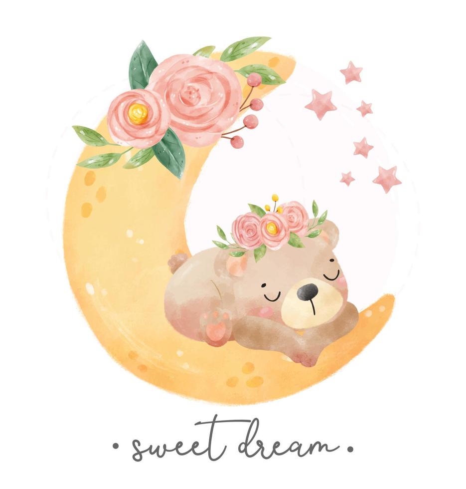 cute adorable baby teddy bear sleeping on the floral crescent, sweet night,nursery animal cartoon hand drawn watercolor vector