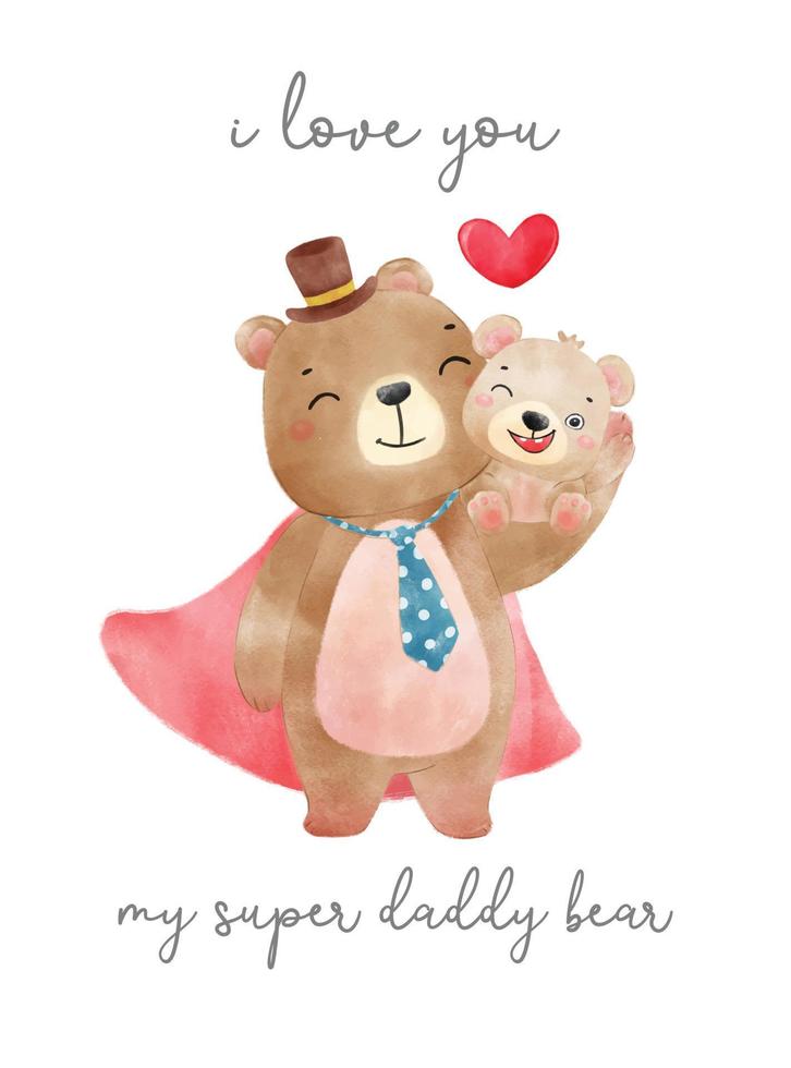 cute adorable dad teddy bear carrying baby kid bear watercolor hand drawn vector, cute father's day illustration vector