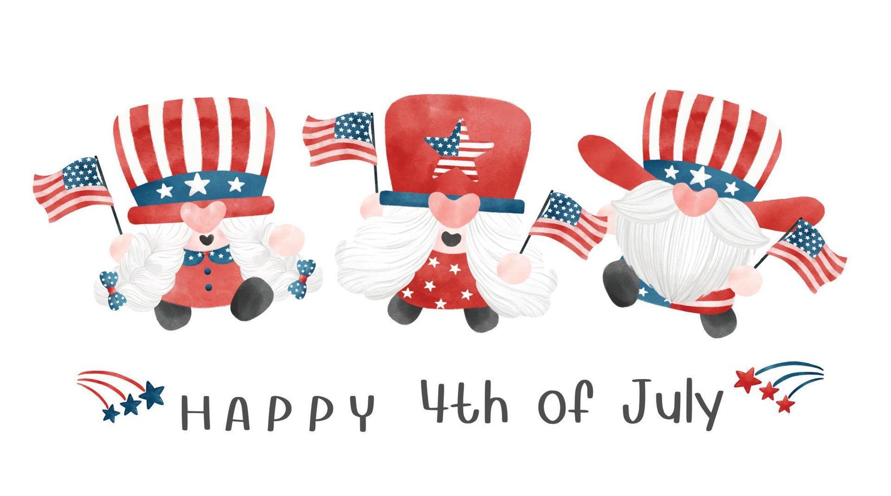4th of July Gnome Patriotic celebrating America Independence day cartoon watercolor illustration vector