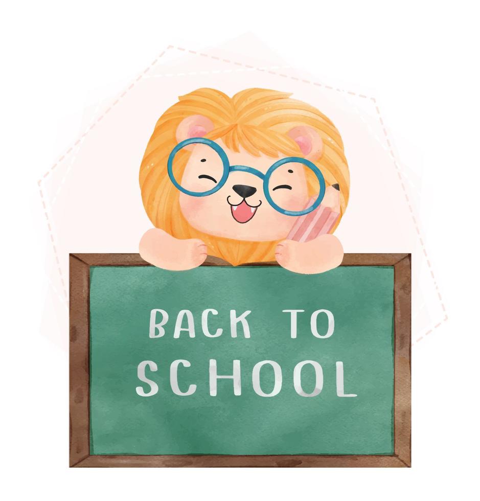 cute watercolor kid lion with chalkboard back to school cartoon animal watercolor vector