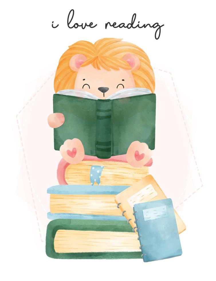 cute watercolor kid lion reading book and sitting on book stacked, back to school cartoon animal watercolor vector