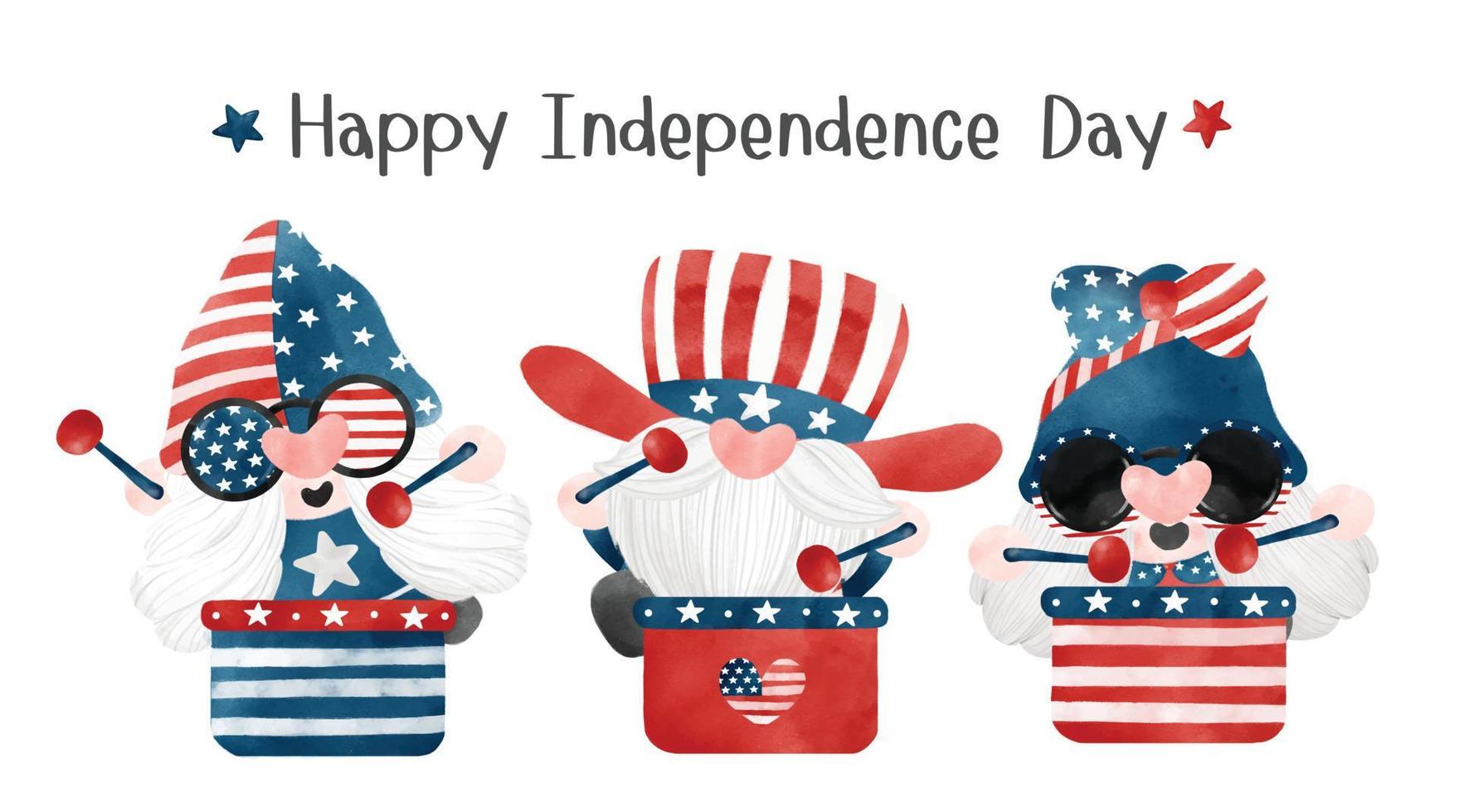 4 de julio gnomo patriótico golpeando tambor celebrando el día de la independencia de américa dibujos animados acuarela ilustración vector