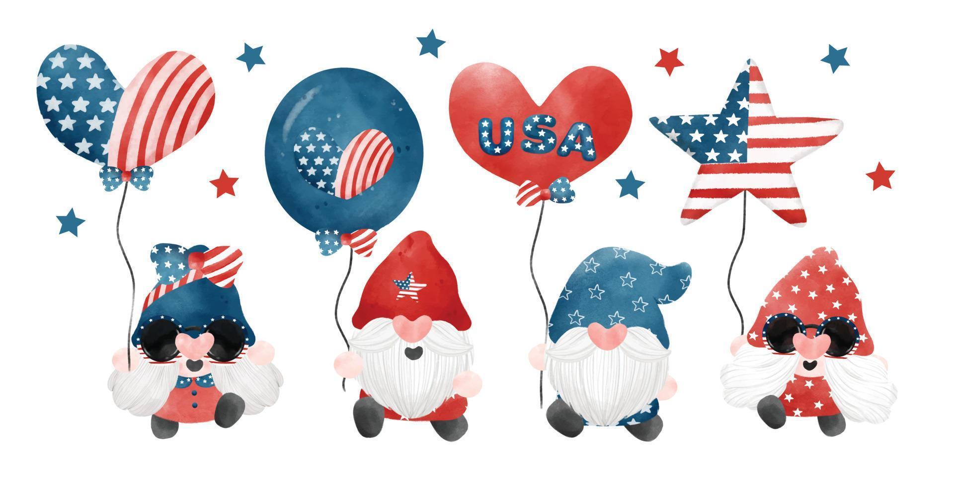 grupo del 4 de julio gnomo patriótico sosteniendo globos festivos día de la independencia de américa dibujos animados acuarela ilustración vector