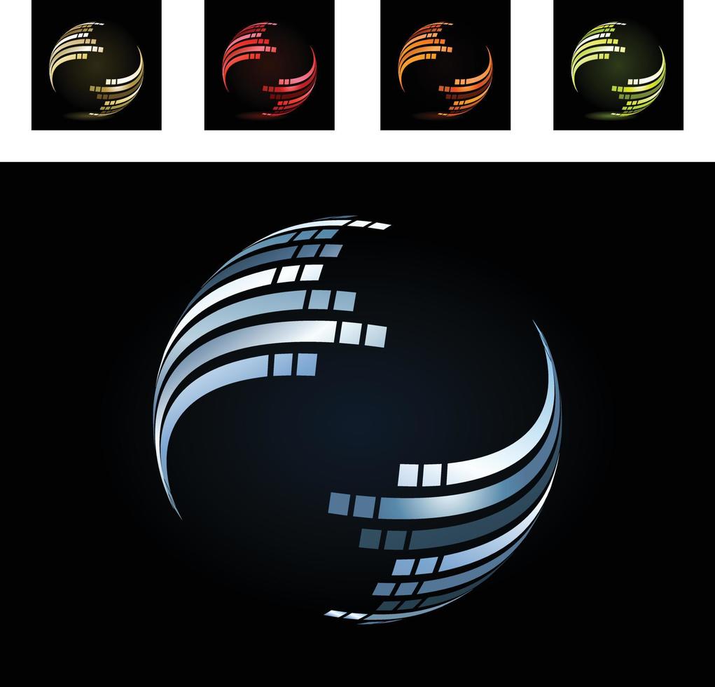 una variedad de logotipos de líneas dinámicas que forman una forma de esfera sobre un fondo negro vector