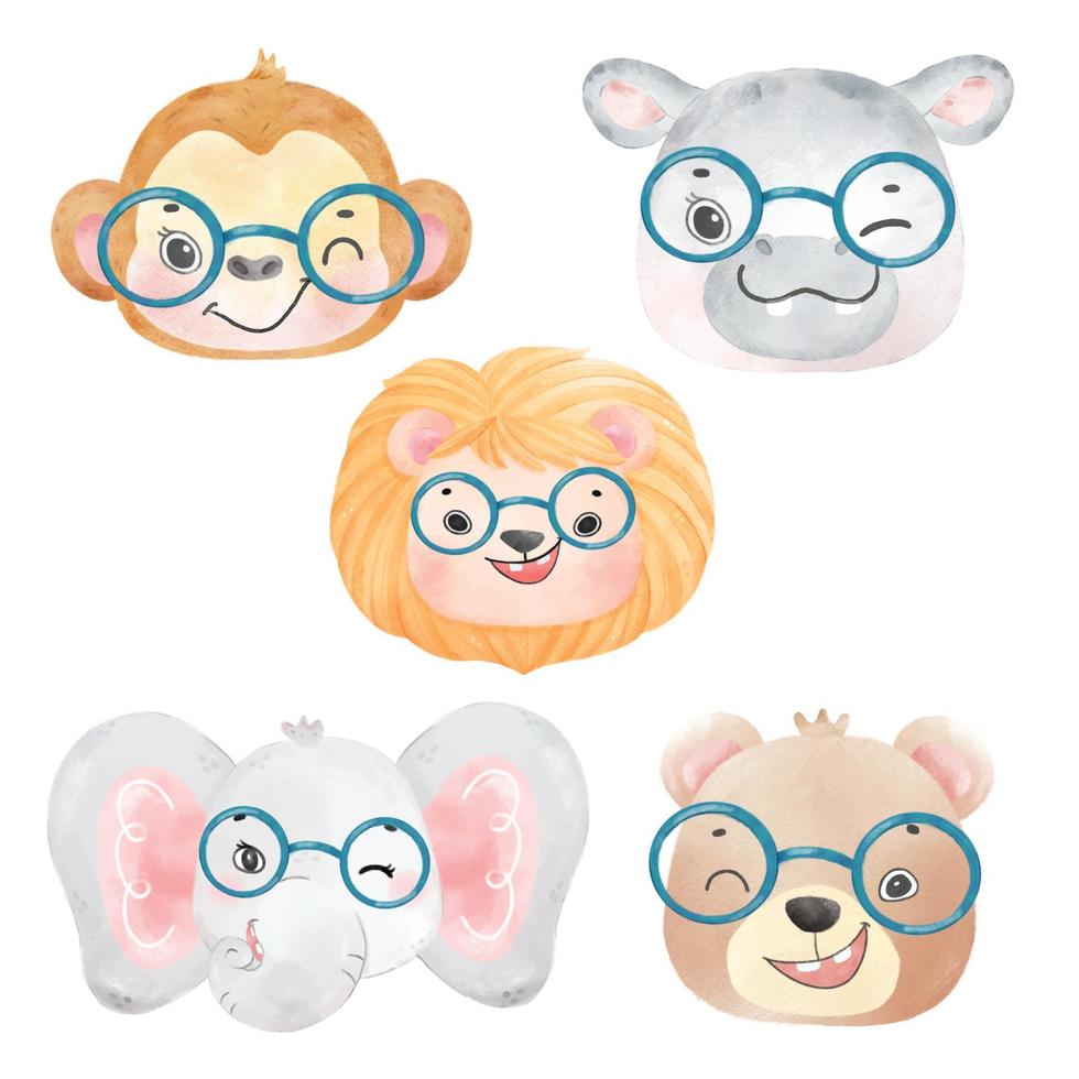 cute watercolor wildlife animal wearing eyeglasses, nerdy woodland lion, monkey, bear, hippo, elephant nursery hand drawn illustration vector