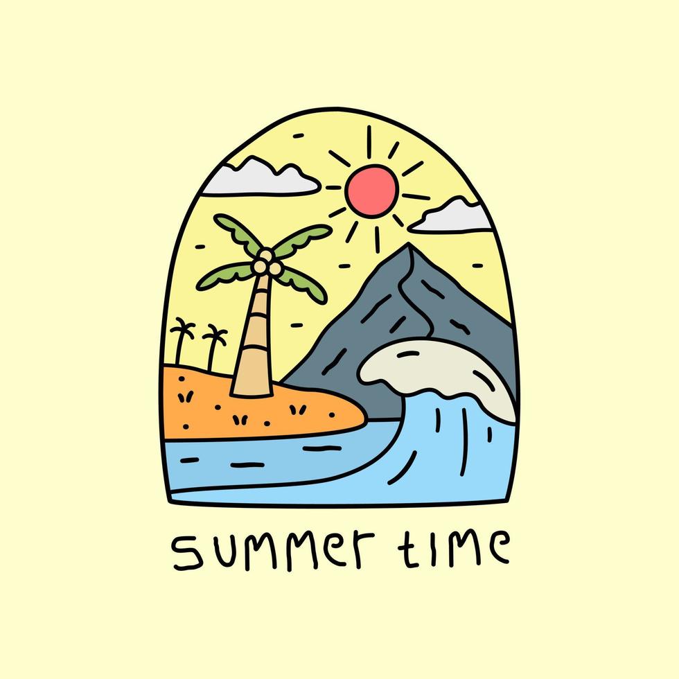 Summer time, mountains and coconut with waves in the beach design for badge patch emblem graphic vector art t-shirt design