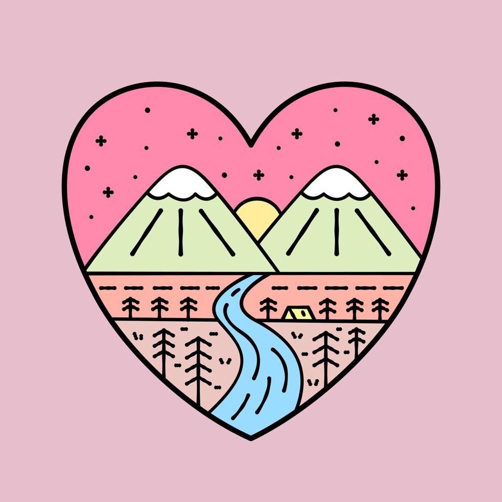 naturaleza montaña y río en forma de amor. diseño para camisetas, cosas para niños, pegatinas, etc. vector