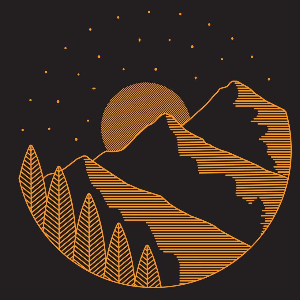 mono line illustration of mountains and pine trees vector