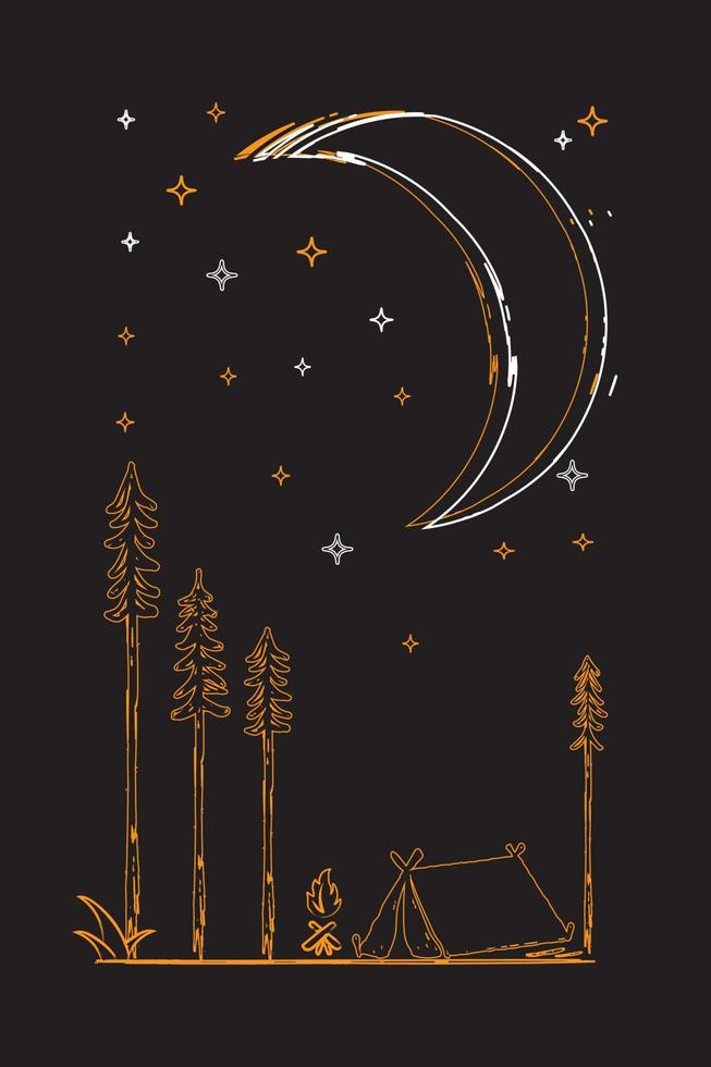 ilustración de acampar en un bosque en la hermosa luz de la media luna vector