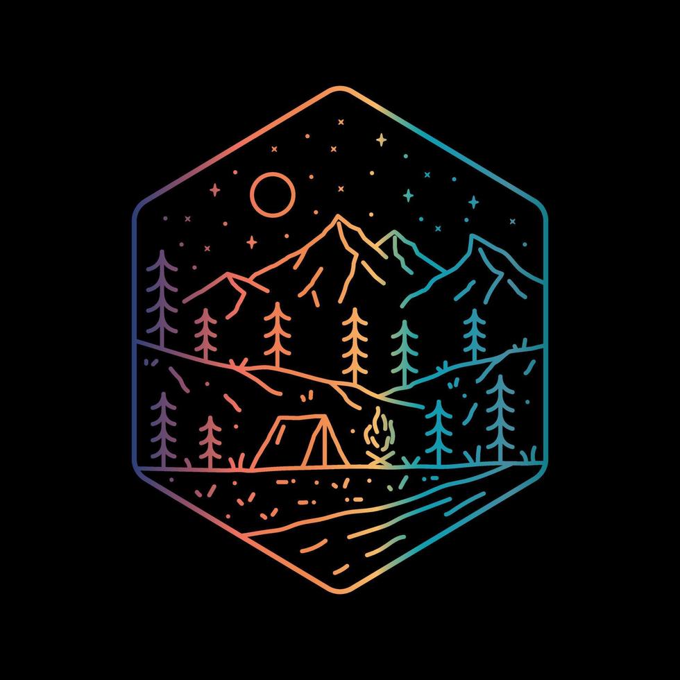 mono line design of natural mountains and campfire camps. inspired by mountains in america vector