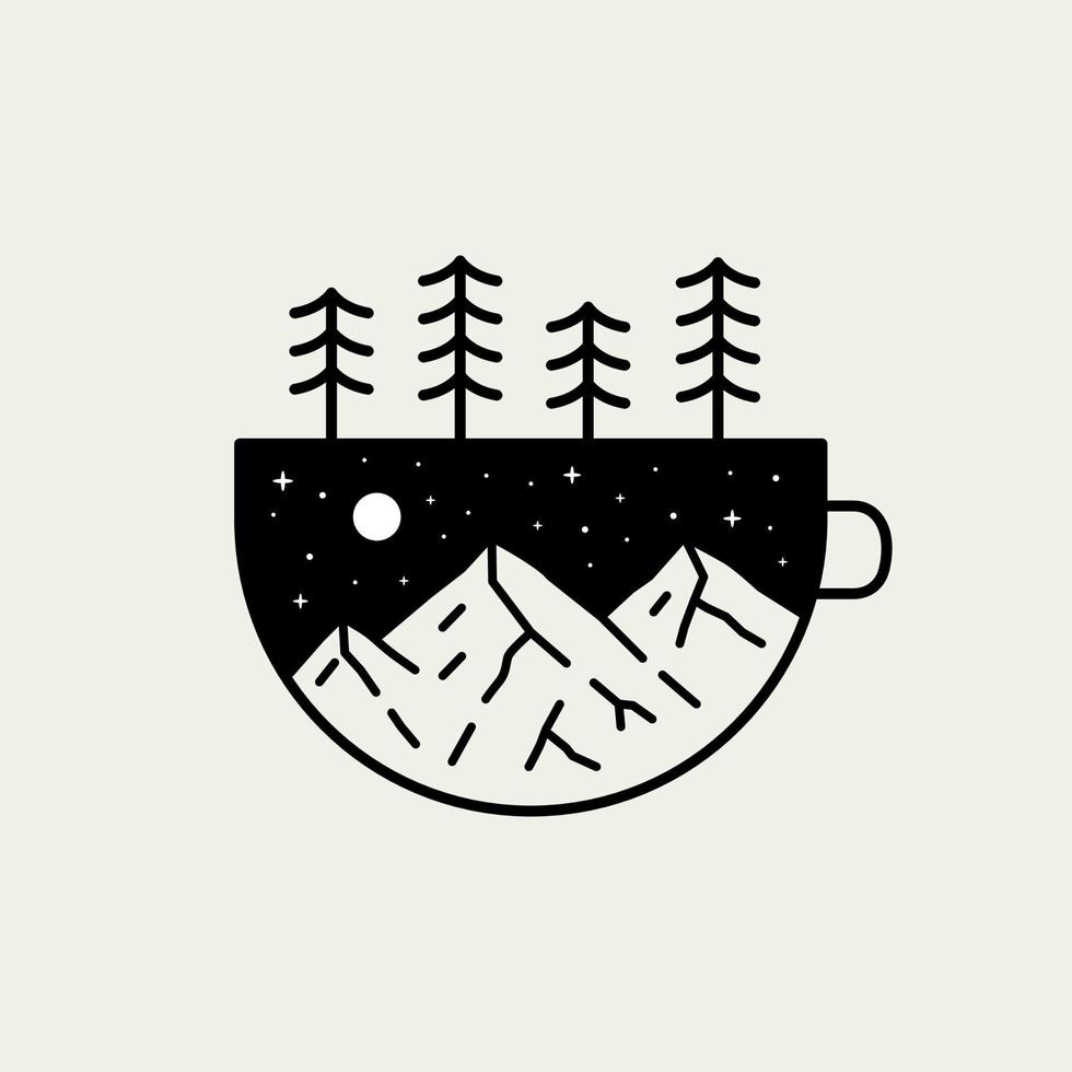 Outdoor nature mountains design in cup glass frame in mono line art ,badge patch pin graphic illustration, vector art t-shirt design