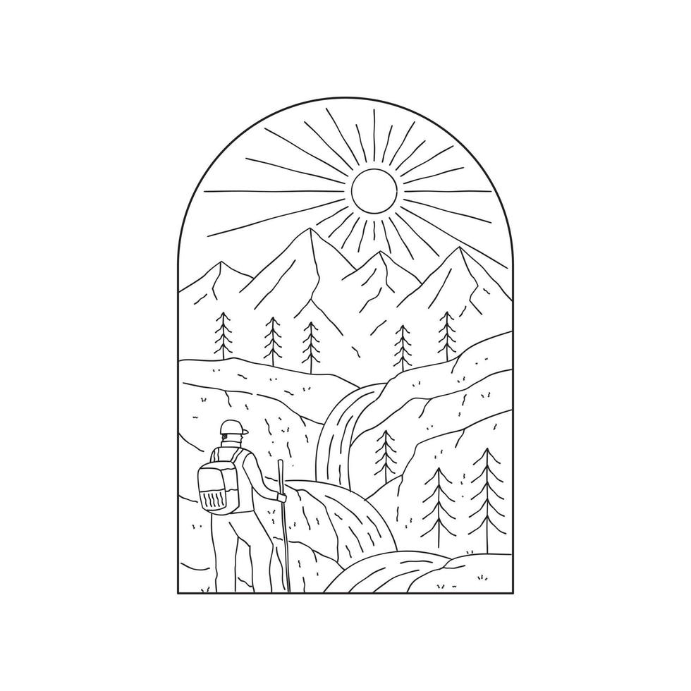 hiking, camping man and mountain waterfall illustration in mono line art, patch badge design, emblem design, T-Shirt Design vector