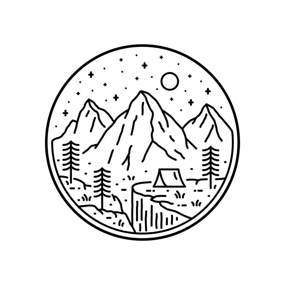diseño de naturaleza de campamento, montañas, acantilados en la noche en arte de línea mono, diseño de placa de parche, diseño de emblema, diseño de camiseta vector