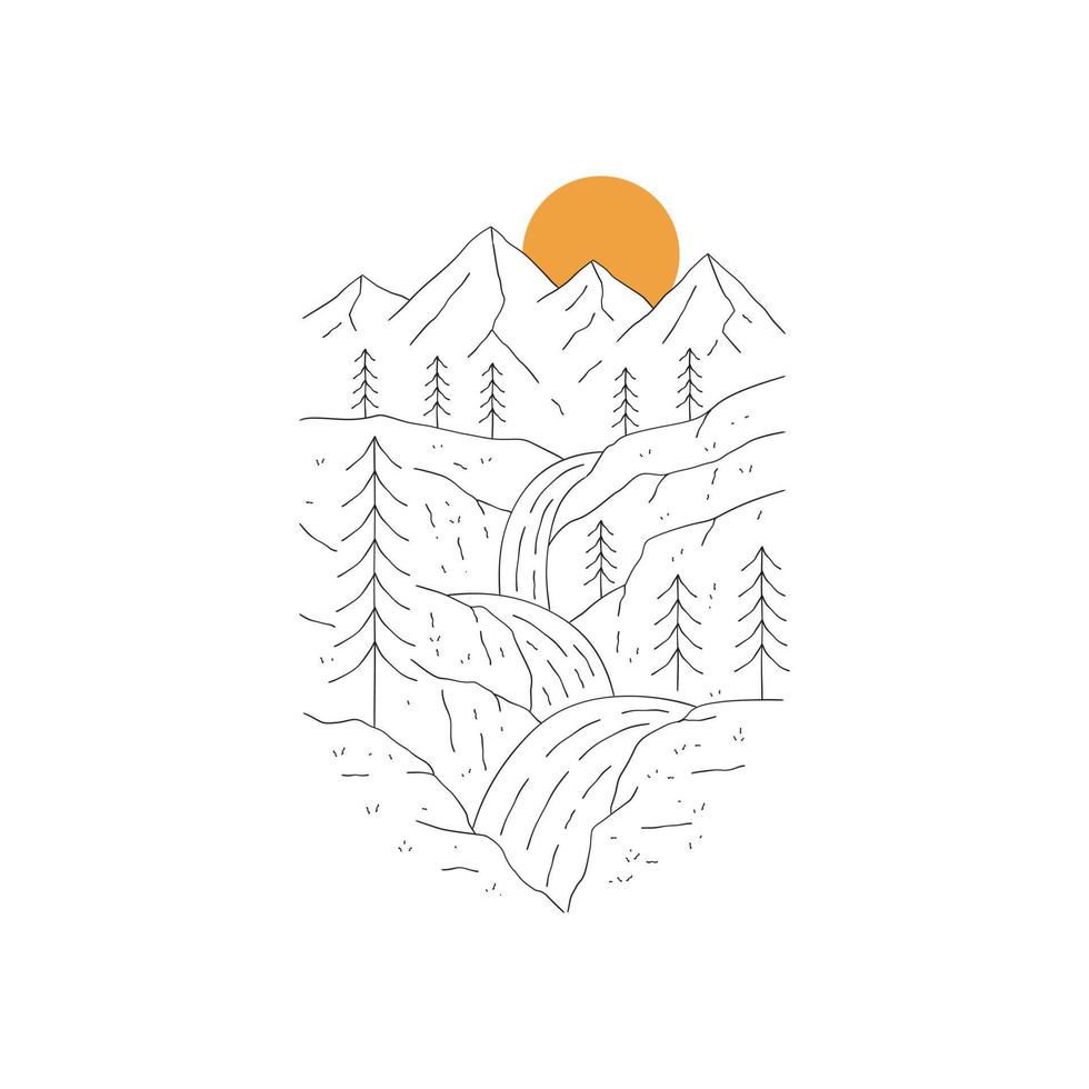 view of mountains and terraced waterfall in mono line art, patch badge design, emblem design, T-Shirt Design vector