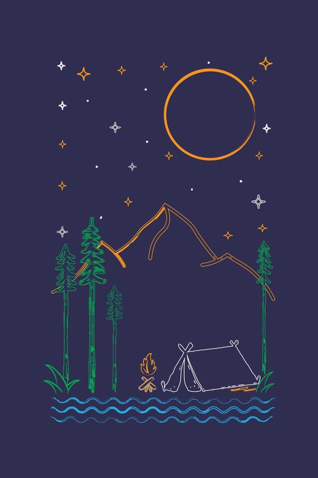 illustration of camping in a forest in the beautiful night vector