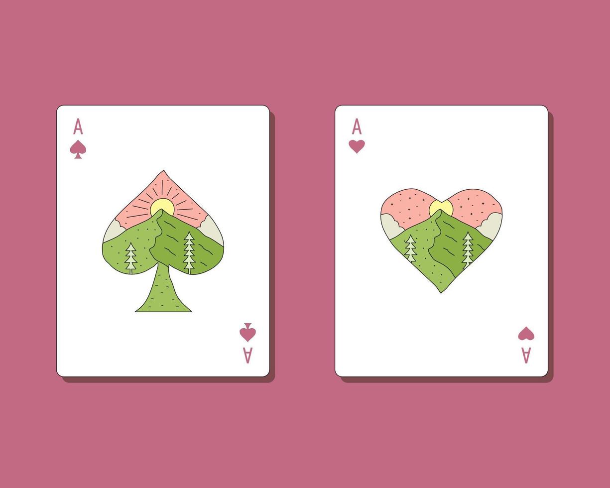Ace of Spades and Heart Card in nature style, mountain nature wildlife outdoor vector