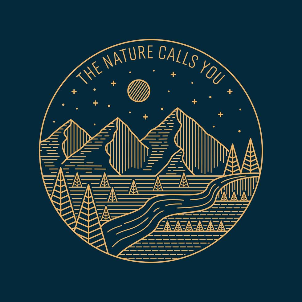 Nature calls you, nature wildlife in mono line art, design for badge patch pin graphic illustration vector art t-shirt design