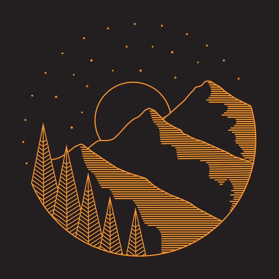 mono line illustration of mountains and pine trees vector