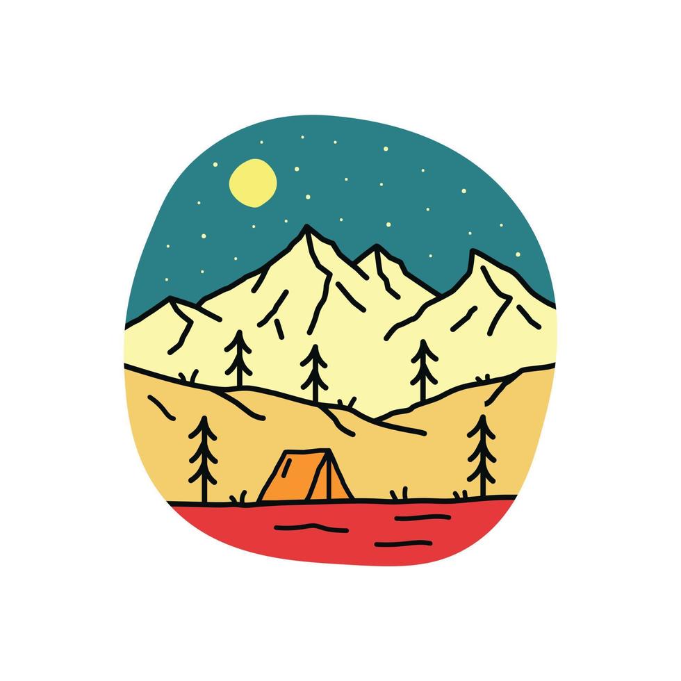 diseño de línea mono de montañas naturales y campamentos de fogatas. inspirado en las montañas de América vector