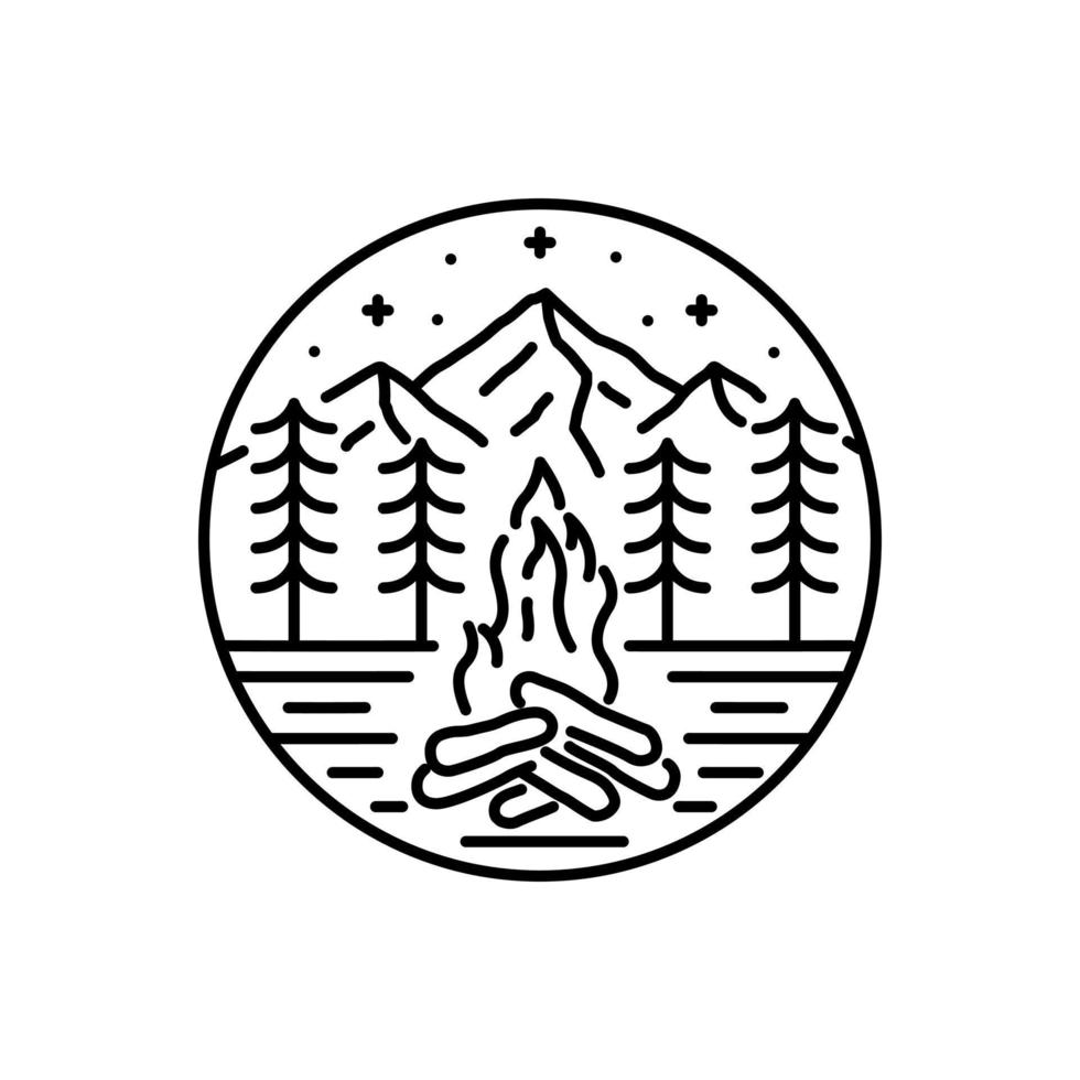 bonfire and campfire wilderness in mono line art, badge, emblem, T-shirt vector, Tee Design vector