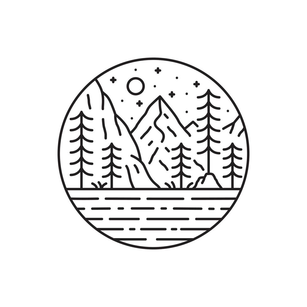 View of mountain and pines in mono line art like yosemite vector