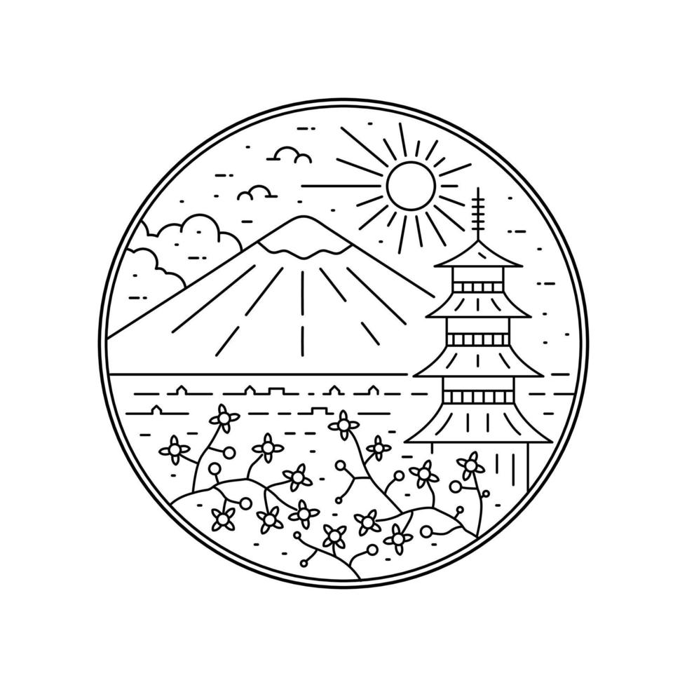 diseño del paisaje del monte fuji, flores de cerezo y pagoda japonesa en arte monolineal vector