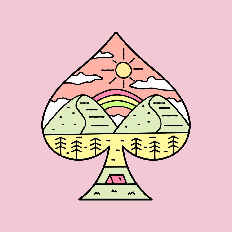 Nature mountain and camping in spades card shape. design for t-shirt, kids stuff, sticker etc vector