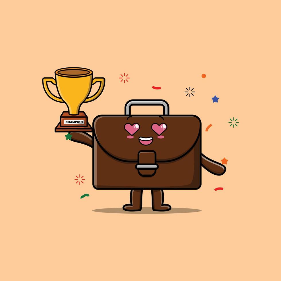 Cute Cartoon of suitcase is holding golden trophy vector