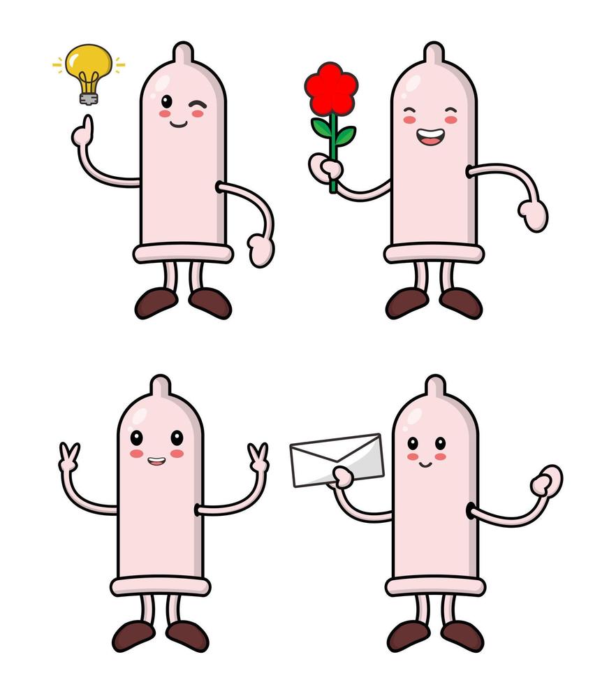 Set Cartoon condom with various emotions pose vector