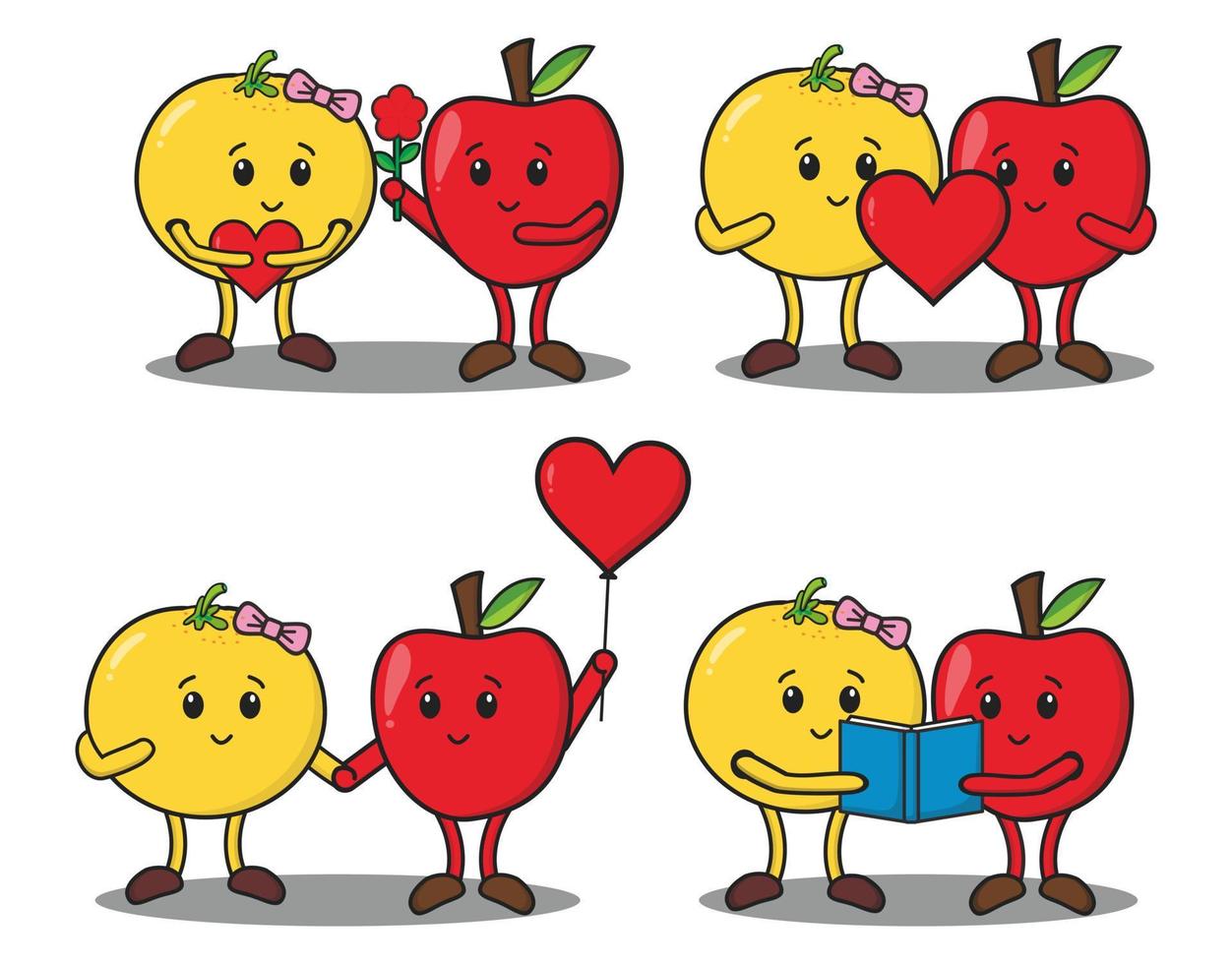 Set cartoon cute couple orange and apple fall love vector