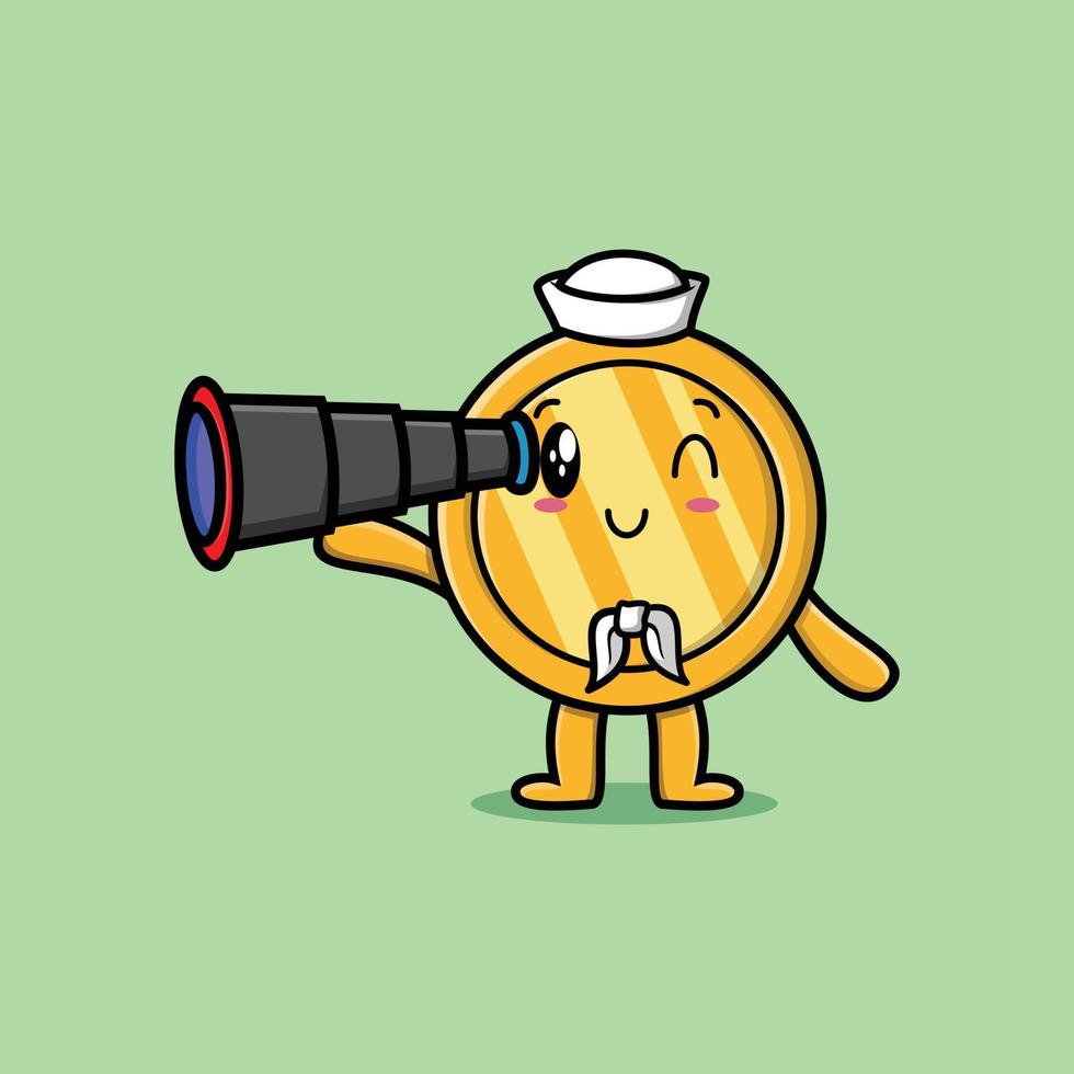 Cute cartoon gold coin sailor with binocular vector