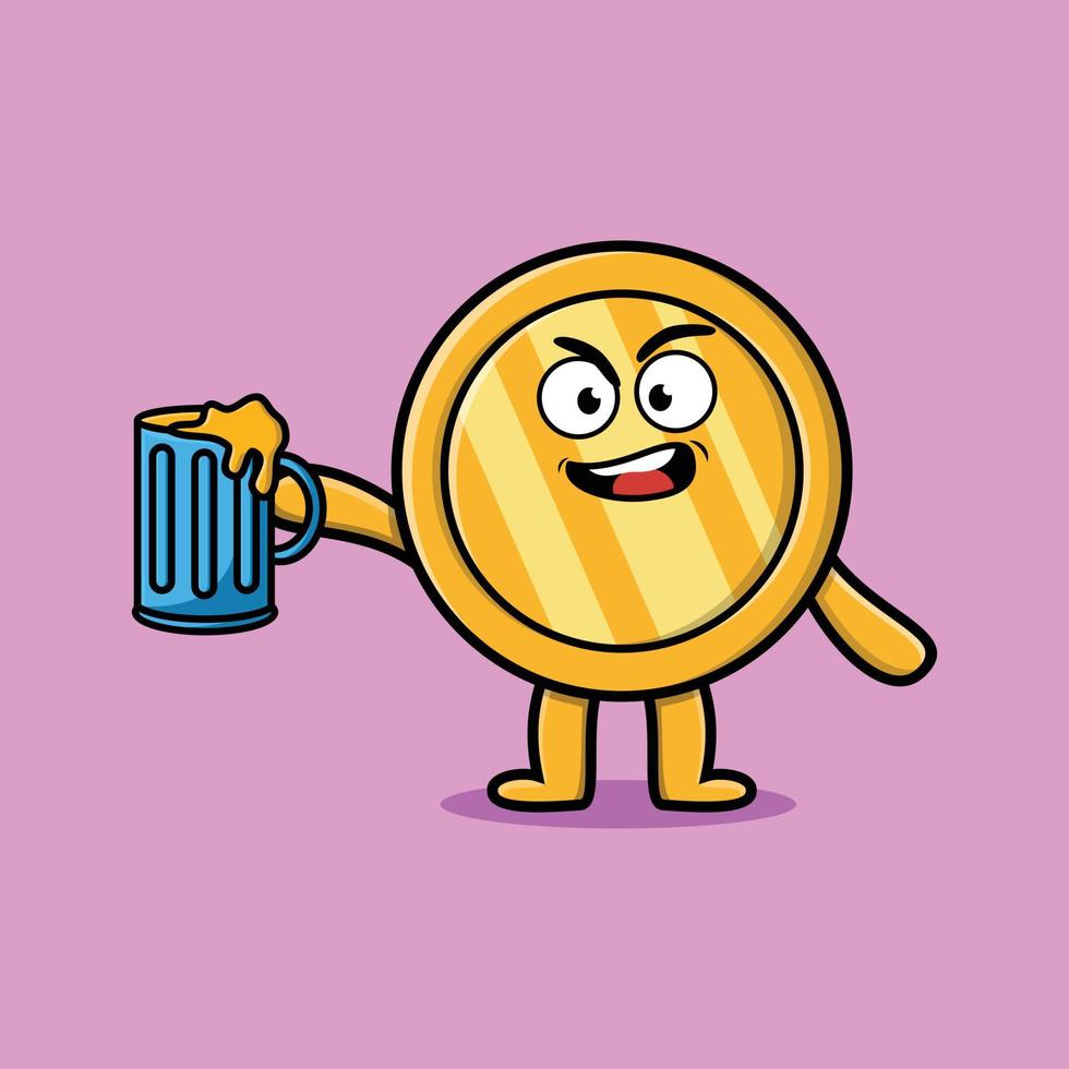 Gold coin cartoon mascot character with beer glass vector
