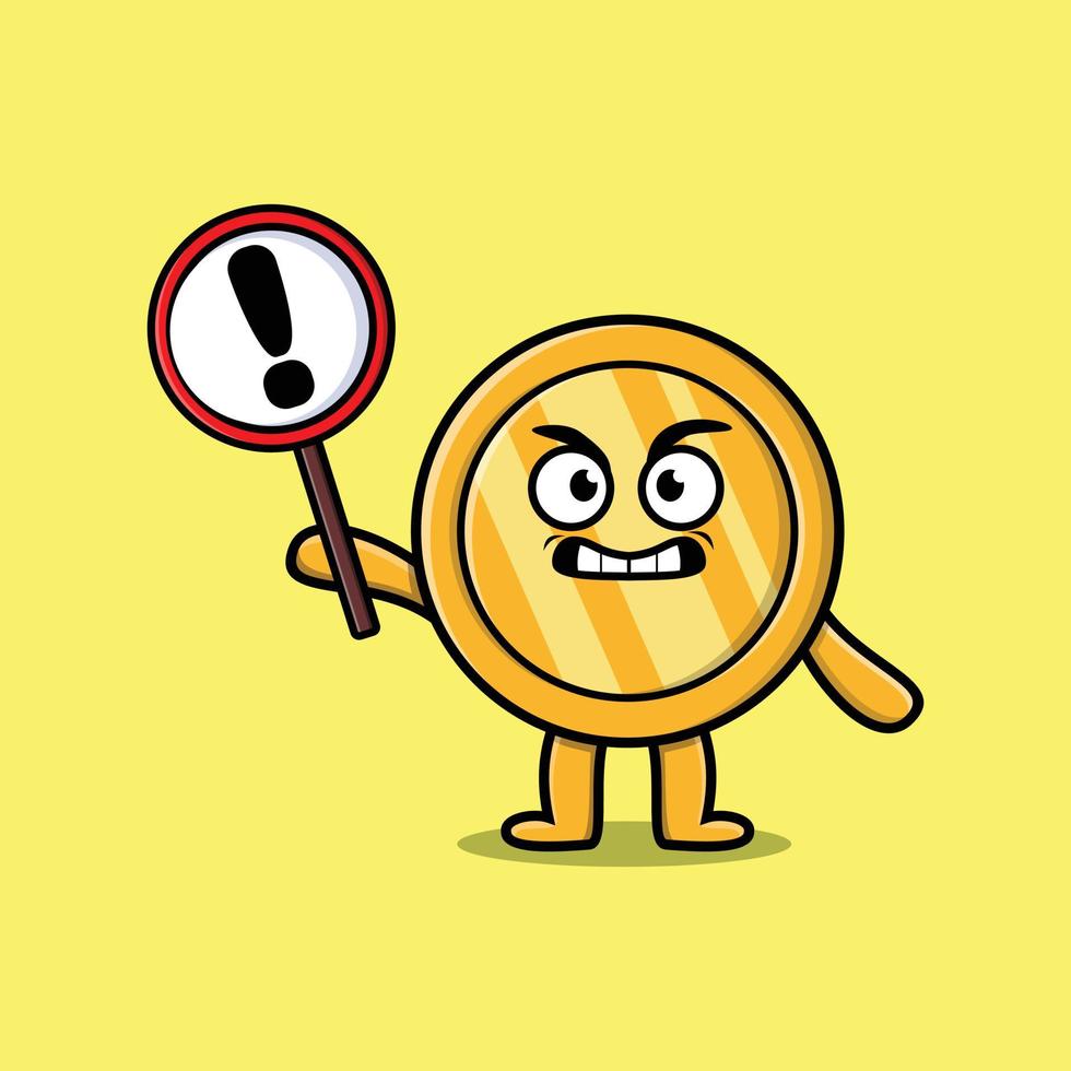 Cute cartoon gold coin with exclamation sign board vector