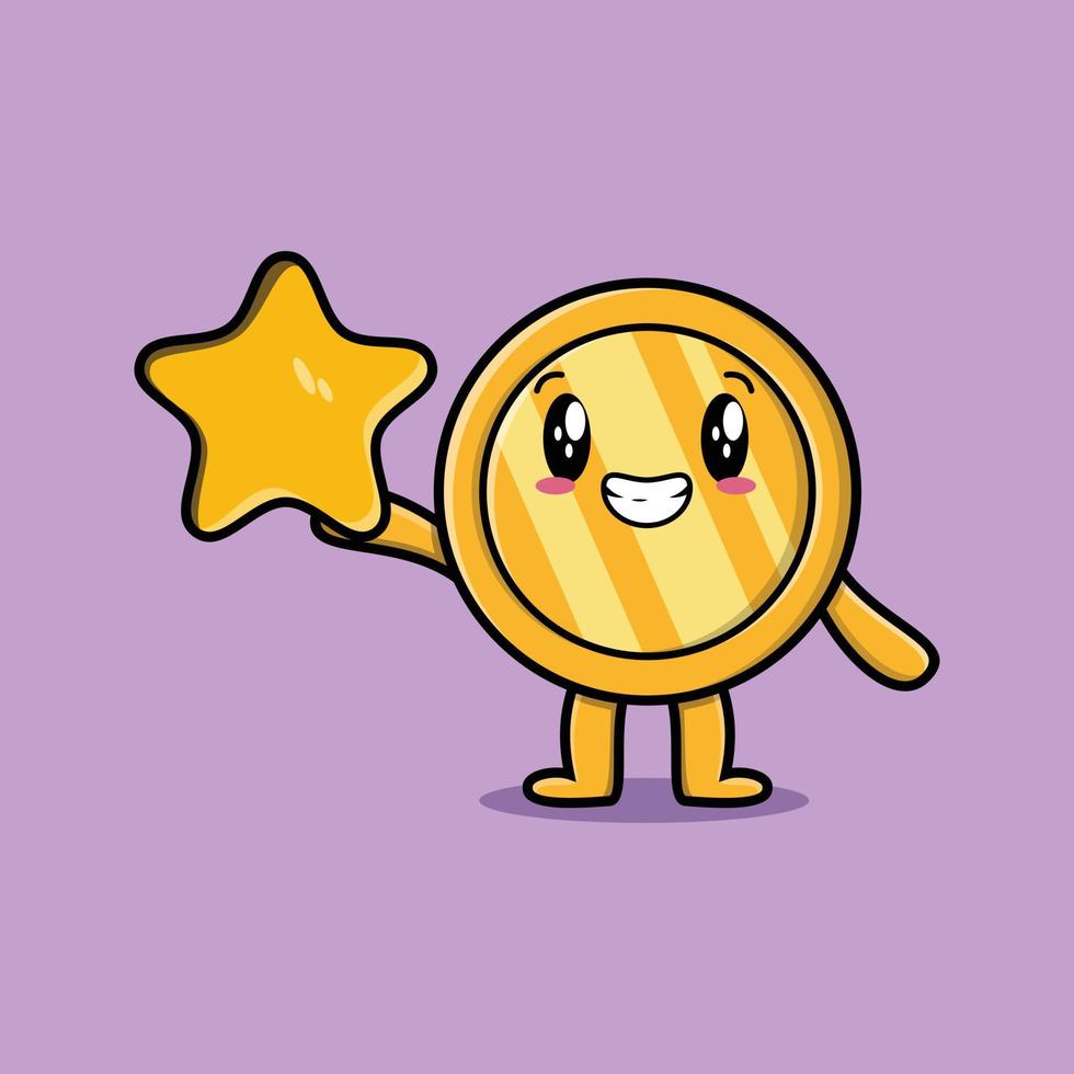 Cute cartoon gold coin holding big golden star vector