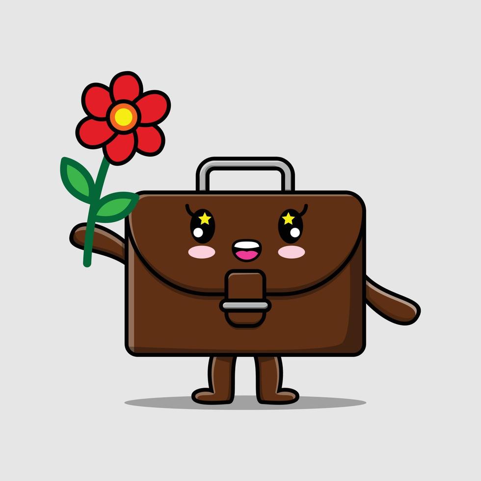 Cute cartoon suitcase character holding red flower vector