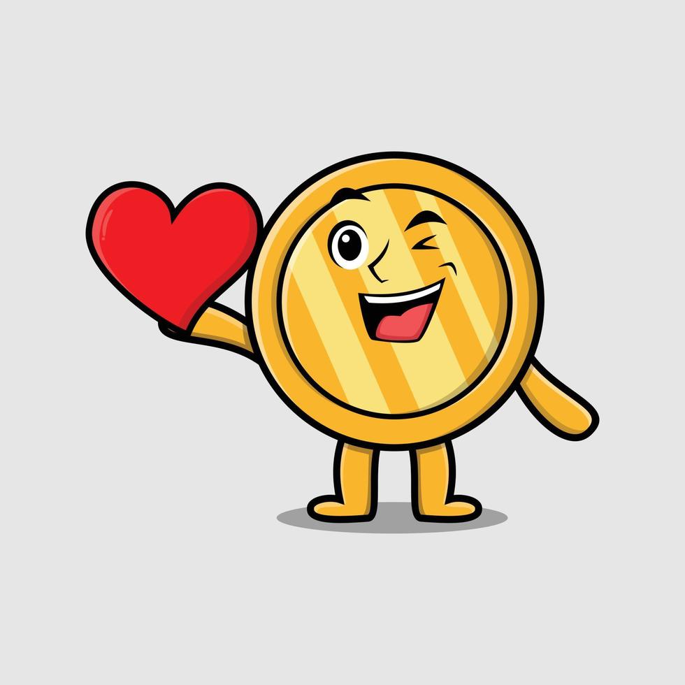 Cute cartoon gold coin holding big red heart vector