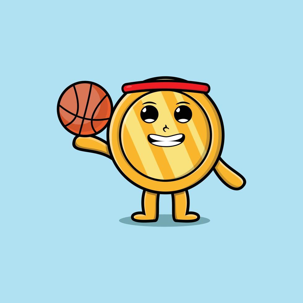 Cute cartoon gold coin playing basketball vector