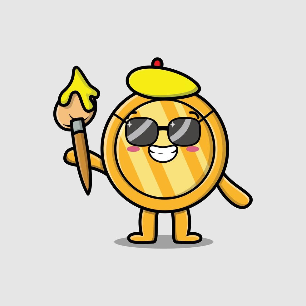 Cute cartoon Gold coin painter brush to draw vector