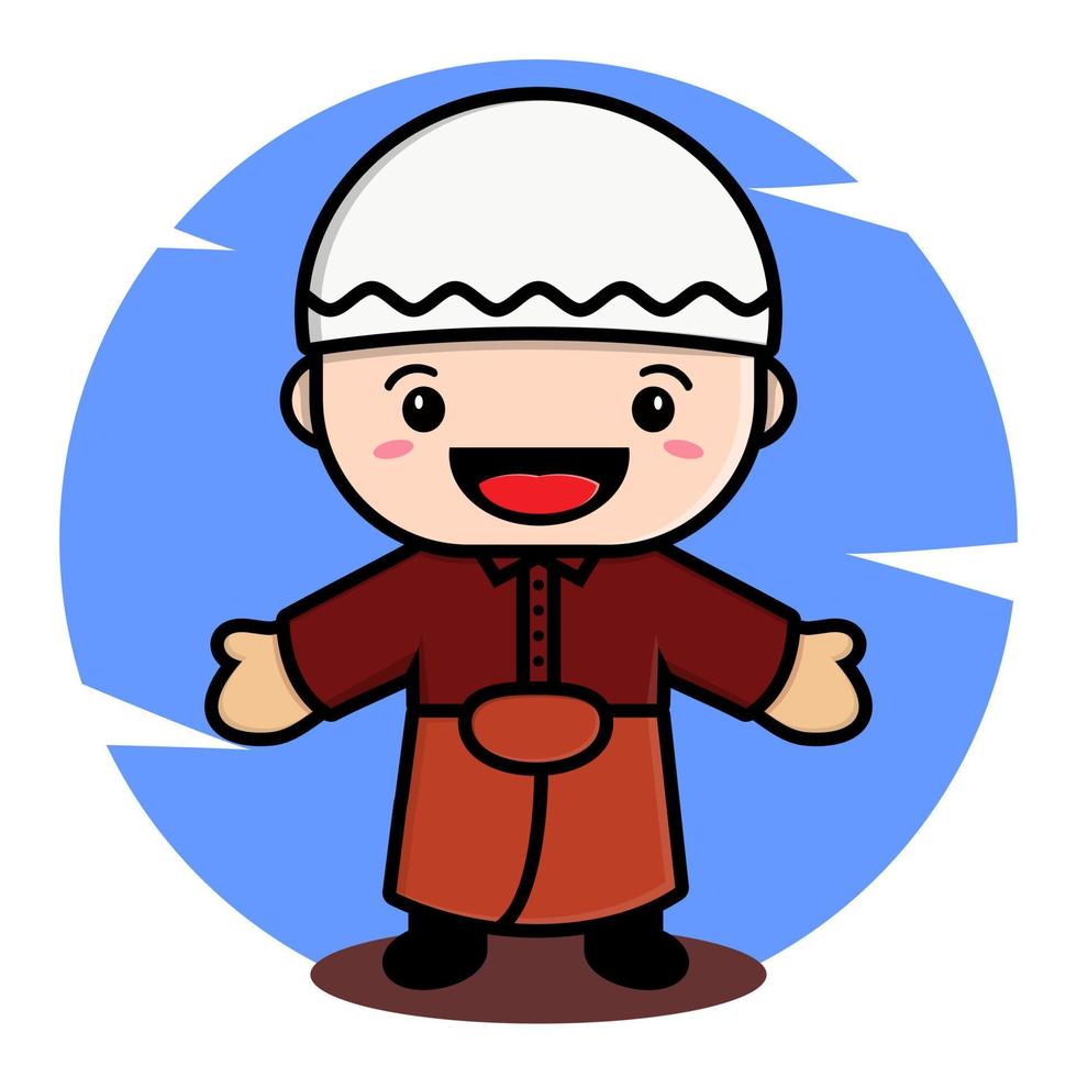 cute muslim characters with white cap koko shirt and sarong vector