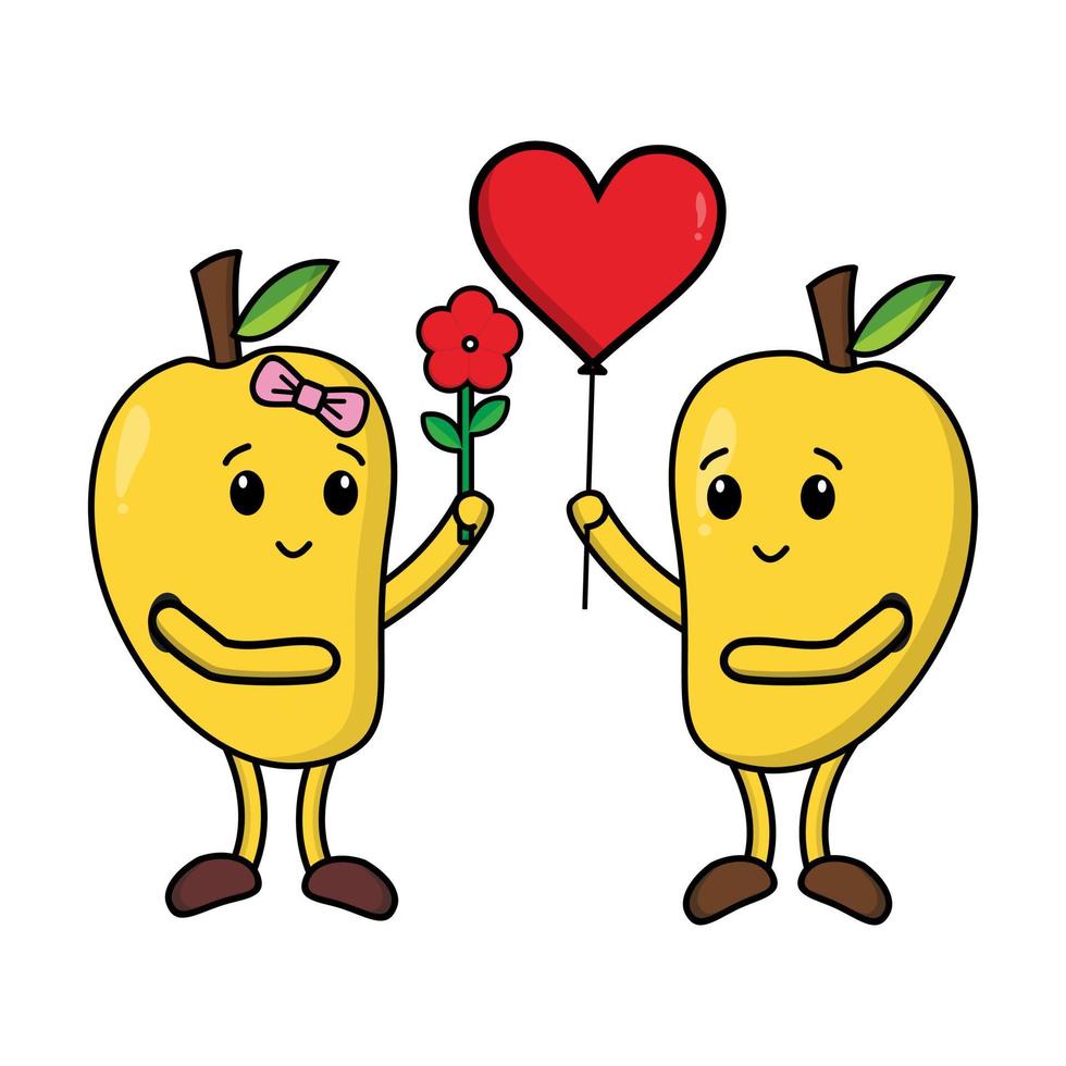 cartoon yellow mango couple falling in love with flowers and love balloons vector image